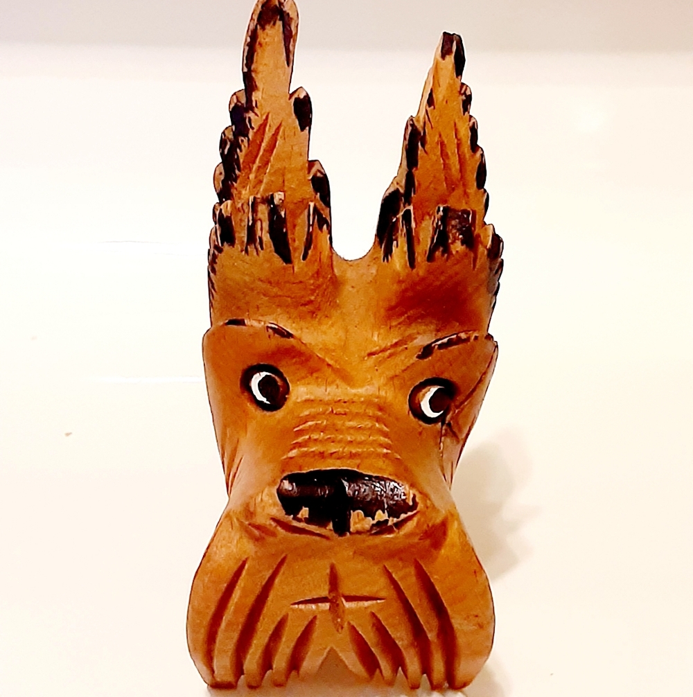 Vintage Hand-Carved Wooden Scotty Dog Head Bottle Wine  Stopper